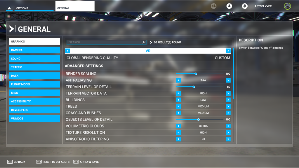 Microsoft Flight Simulator 2020 VR Graphics PC VR GRAPHICS Menu