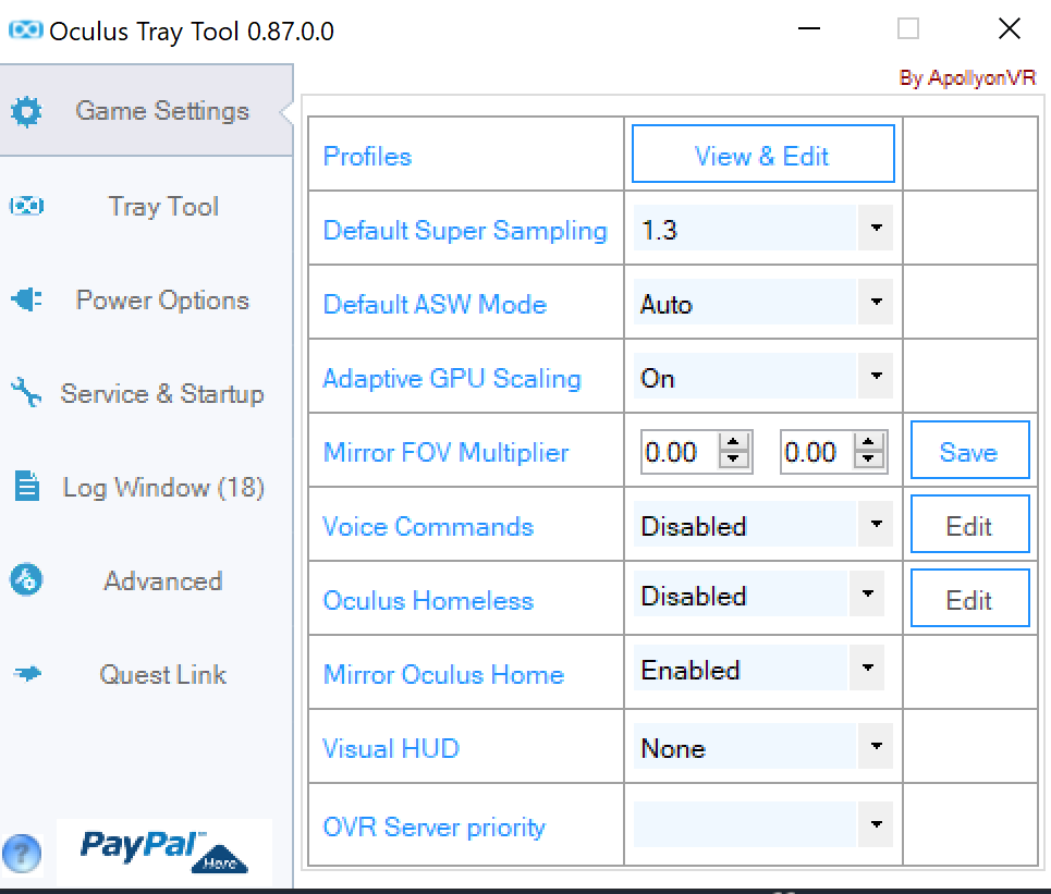 Oculus Tray Tool Settings