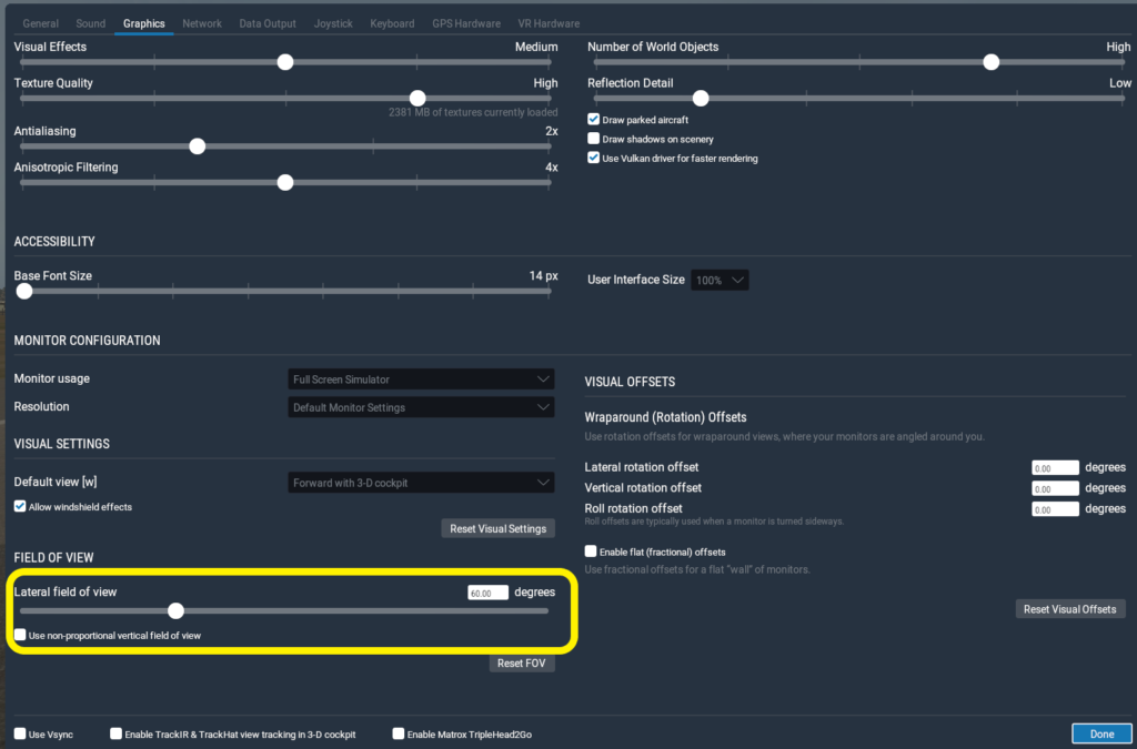 X Plane 11 Field of view setting Graphics Menu