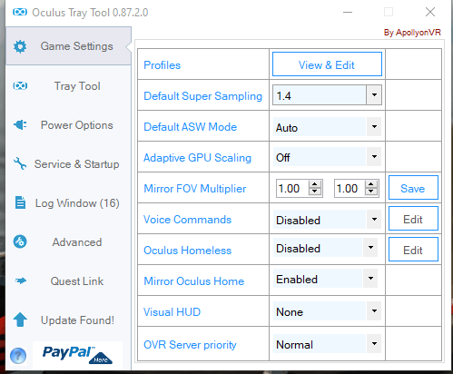 LetsFlyVFR Oculus Tray Tool Settings