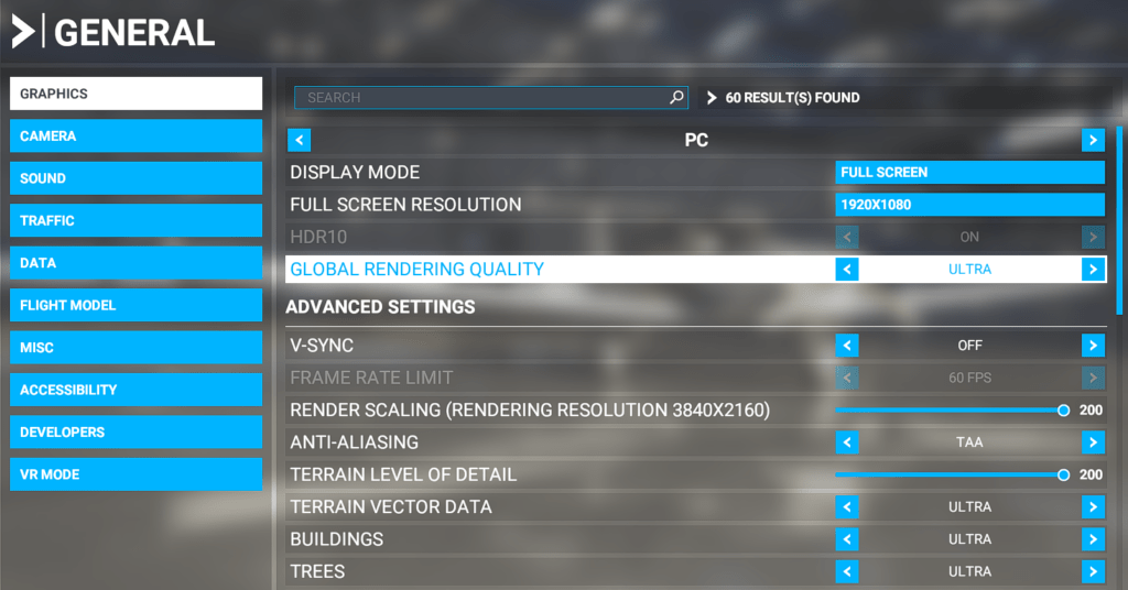 MSFS 2020 Graphics Menu