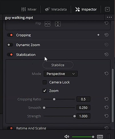 Davinci Resolve 17 Inspector Stabilization